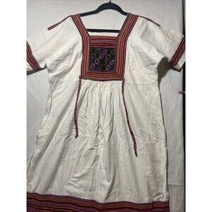 Thai Traditional Tribal Bohemian White Tapestry Embroidered Dress Size Medium